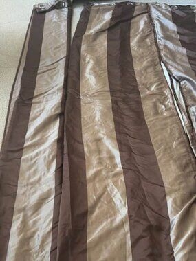 Custom Brown/Beige Stripe 52W x 106L Lined Drapes. Set of 3. FLAW
